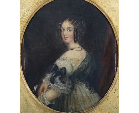British School - Three-quarter Length Portrait of a Lady, 19th century oil on panel, 28.5cm x 22.5cm, within an oval inslip a