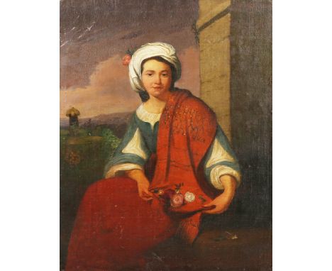 Italian School - Three-quarter Length Portrait of a Lady wearing a Turban and holding a Shawl, 19th century oil on canvas lai