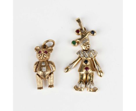 A 14ct gold, diamond and varicoloured gem set pendant, designed as an articulated clown, import mark Sheffield 1989, weight 3