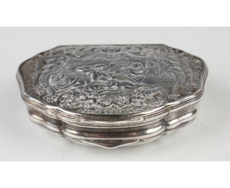 A European silver snuff box of cartouche outline, the hinged lid cast in relief with a classical figural scene and foliate bo