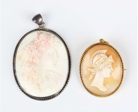 A gold mounted oval shell cameo pendant brooch, carved as a portrait of a classical lady wearing a helmet, detailed '18', wei