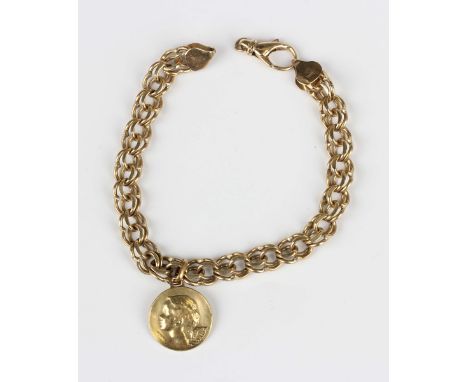 A gold multiple link bracelet, detailed '14K', with a sprung hook shaped clasp, weight 16.2g, length 18.5cm, fitted with a go