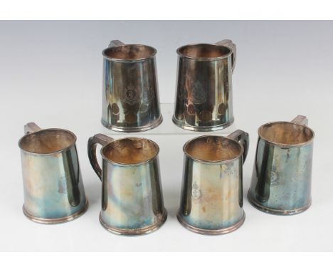 A set of six Royal Army Medical Corps (RAMC) Elkington plate tankards, each engraved with crest and inscription 'Presented by