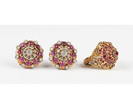 A gold and synthetic ruby harem ring, unmarked, weight 7.1g, ring size approx K1/2, and a pair of gold backed and silver set,