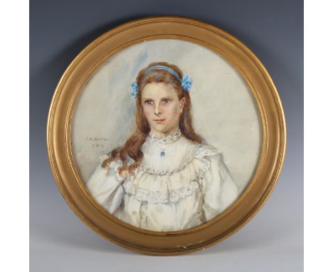 Charlotte M. Alston - Tondo Half Length Portrait of a Young Lady wearing a White Dress and Blue Hair Ribbon, watercolour, sig