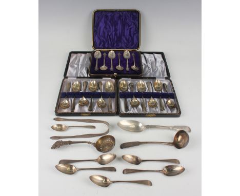 Two sets of six silver Rat Tail pattern teaspoons, both Sheffield 1938, each cased, a set of six silver Albany pattern coffee