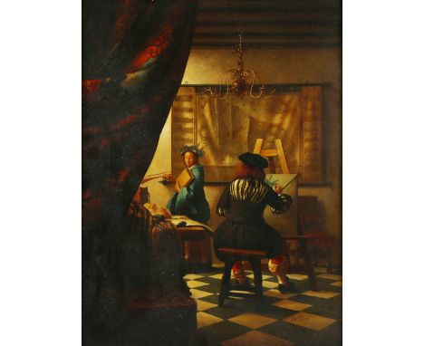 Simon Collier, after Johannes Vermeer - The Allegory of Painting, 20th century oil on panel, probably over a printed base, si