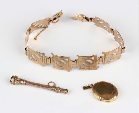 A 9ct gold panel link bracelet on a snap clasp, Birmingham 1957, length 18.5cm, a 9ct gold oval pendant locket, total weight 