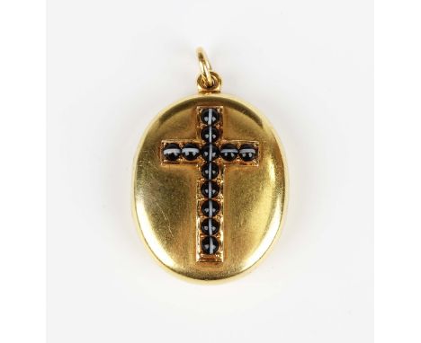 A Victorian gold, banded agate and black enamelled oval pendant mourning locket, the interior glazed with a photographic port