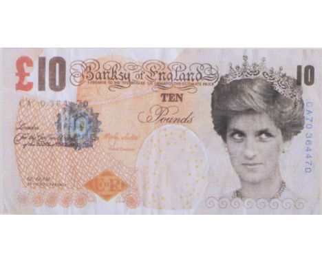 BANKSY - Di-Faced Tenner, offset lithograph, published 2004, sheet size 7.5cm x 14.5cm, within a painted wood frame.Buyer’s P