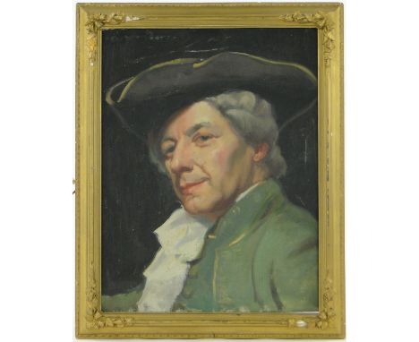 Harry John Pearson,
oil on canvas board, portrait of a man wearing a tricorn hat, signed, 16" x 12", framed.