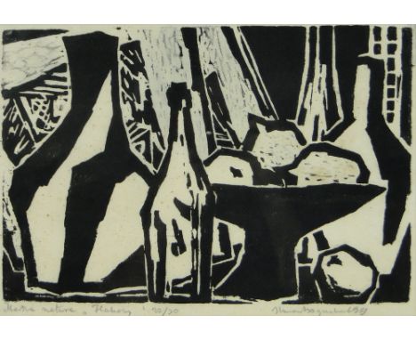 Mid 20th century woodblock/lino-cut print, modernist still life study bottles and fruit on a table, indistinctly signed in pe