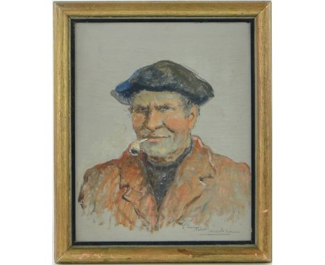 Robert Laroche,
oil on board, portrait of a French fisherman circa 1952, signed, 10.5" x 8.5", framed.
