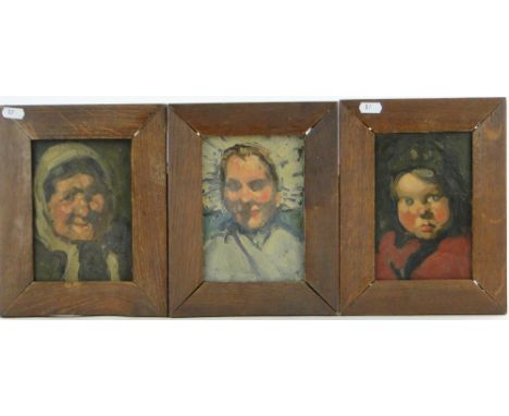 Circle of Robert Henri,
3 oils on board, portrait studies, unsigned, 7" x 5", framed.