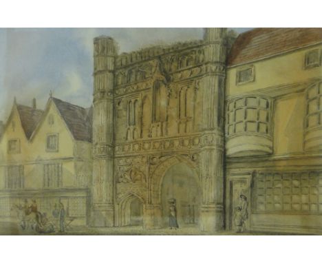 English School
18/19th century watercolour, Christ Church Gate Canterbury, unsigned, 8" x 12.5", framed.