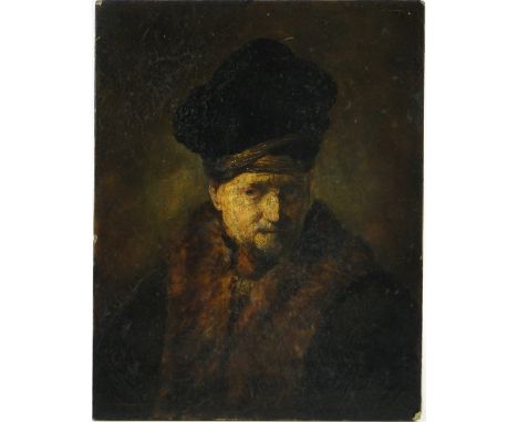 After Rembrandt,
oil on board circa 1900, portrait of the artist, unsigned, 9" x 7", unframed.