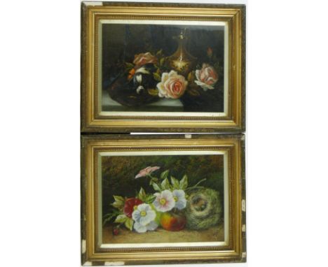 Daisy Fleming
pair of oils on board, still life with a Spaniel and birds nest and flowers on a marble shelf, signed, 10" x 14