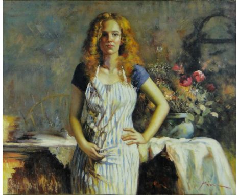 Modern oil on canvas, portrait of a red headed girl, 19.5" x 23", framed.