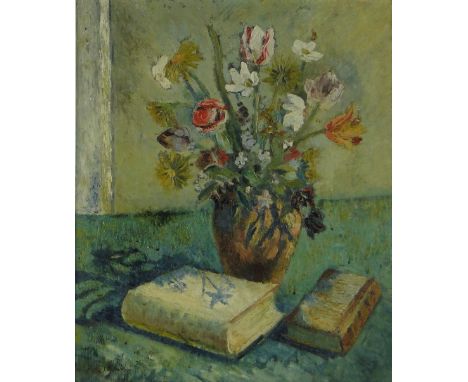 Mid 20th century oil on canvas, still life study books and flowers on a table, 24" x 20", framed.