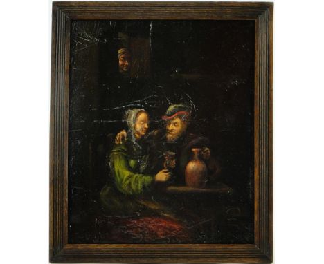 Dutch School,
oil on wood panel, tavern interior scene, unsigned, 11.5" x 9.5", framed.