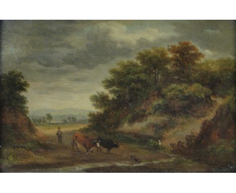 English School
19th century oil on panel, farmer and cattle crossing a stream, unsigned, 3.75" x 5.5", framed.