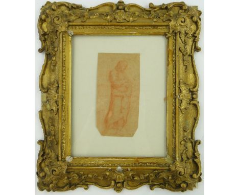 18th century Old Master sanguine chalk on paper, Classical figure, unsigned, 6.5" x 3.25", framed.