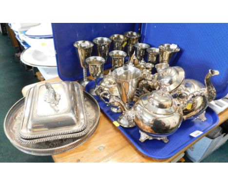 Various silver plated wares, comprising goblets, serving plates, tureens, part tea service, etc. (1 tray and loose)