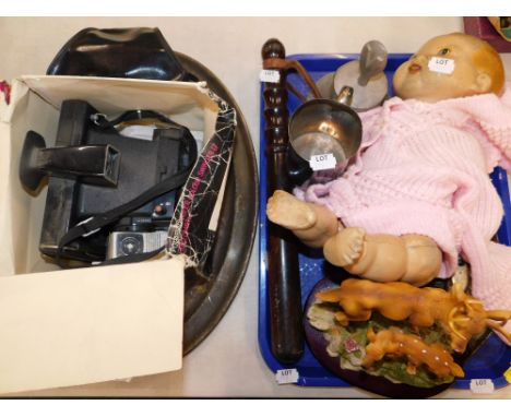 A Polaroid Colour Swinger 2 camera, silver plated serving tray, police truncheon, doll, etc. (2 trays) 