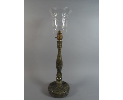 A Turned Serpentine Table Lamp with Glass Shade. 46.5cm High