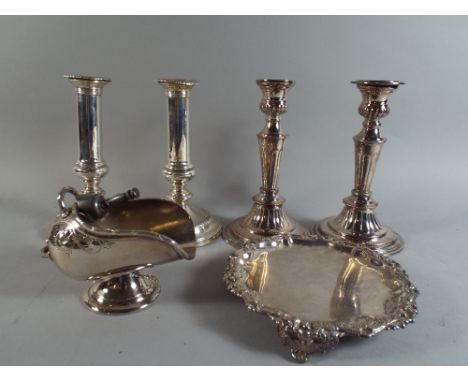 A Collection of Silver Plate to Include Card Tray, Helmet Shaped Sugar Bowl and Two Pairs of Candlesticks. 