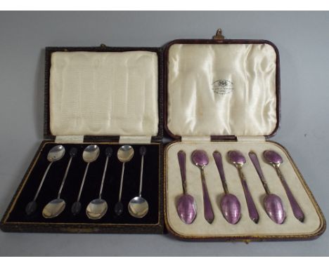 A Cased Set of Six Pretty Silver and Enamel Teaspoons by The Goldsmiths and Silversmiths Company Ltd and a Set of Six Coffee 