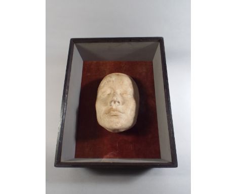 A 19th Century Plaster Death Mask Mounted on a Velvet Panel,. In Ebonised Glazed Display Cabinet. 28x38x14cm