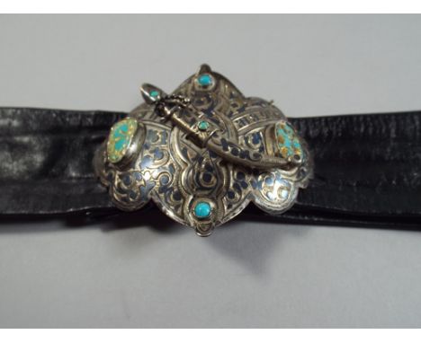 A Russian Ladies Belt with Silver and Enamel Buckle Stamped 84 Having Dagger Safety Clasp.