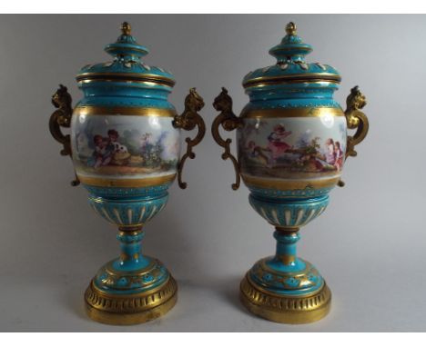 A Pair of French Ormolu Mounted Porcelain Vases and Covers. The Bodies Decorated with Children Playing in Garden. Pierced Lid