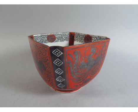 An Japanese Ceramic Square Bowl Decorated in Red Lustre with Phoenix and Leaves. Six Character Mark to Base. 10.5cm High