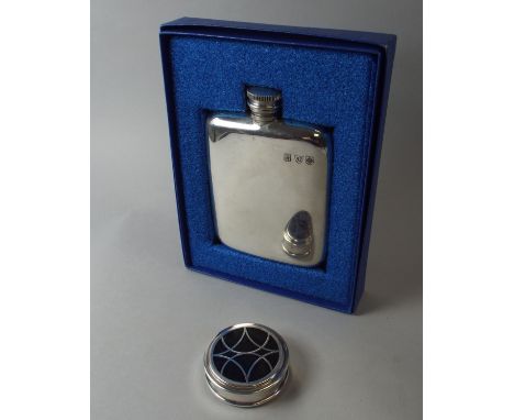 A Christofle Laque De Chine Circular Pill Box. 4.5cm Diameter. Together with a Contemporary Continental Silver Hip Flask. 