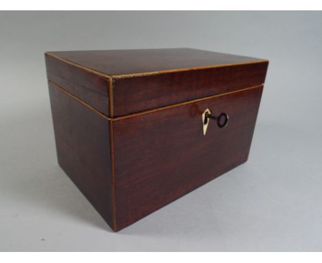 A Mid 19th Century Mahogany Two Division Tea Caddy with Box Wood Edging and Ivory Escutcheon. 23x15x15cm