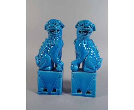 A Pair of Oriental Blue Glazed Ceramic Temple Dogs with Impressed Marks to Plinth Bases. 20cm High