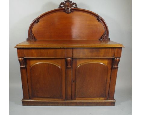 A Victorian Mahogany Chiffonier with Two Drawers and Shaped Back with Moulded Finial. 136x50x151cm High