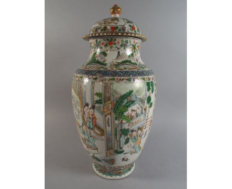 An Oriental Ceramic Vase and Cover Decorated in Multicoloured Enamels with Court Scenes and Birds. (Handles Removed and other