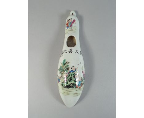An Oriental Ceramic Wall Hanging Spill Holder Decorated with Children Playing. Chinese Characters Etc. 26cm
