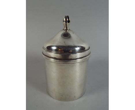 A Cylindrical Silver Lidded Pot. The Lid with Split Finial. 13cm High