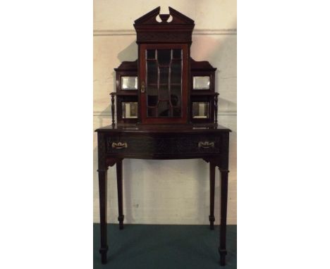 A Mahogany Chippendale Revival Side Table Display Cabinet with Serpentine Front and Blind Carved Long Drawer. Tapering Square