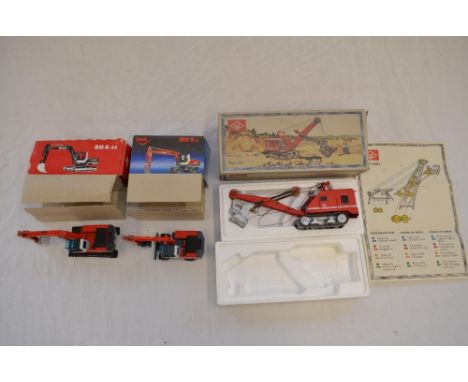 3 boxed 1/50 scale diecast O&amp;K excavator models by NZG: a Type L651 vintage shovel excavator with working metal tracks (m