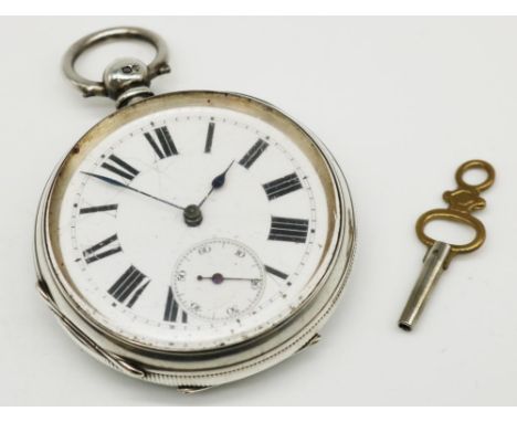 Swiss late Victorian silver open faced and key wound set pocket watch, white enamel dial, railtrack minutes and subsidiary se