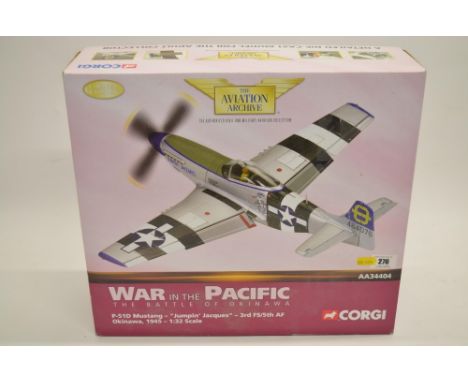 A boxed Corgi Aviation Archive 1/32 scale P-51D Mustang "Jumpin Jacques", Okinawa 1945 (model no AA34404). Model has a broken