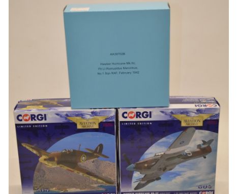 3 boxed 1/72 scale diecast Corgi Hawker Hurricane, all limited edition: AA27604 Hurricane Mk1 (Trop), 80 Sqn, Crete 1941 (643