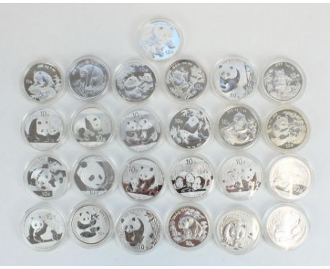 Collection of twenty five Chinese Panda 10 Yuan 1 oz Ag .999 silver coins, all encapsulated, date range 1993 through 2018 (mi