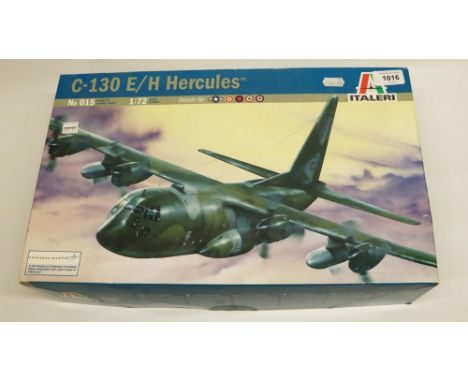 Italeri 1:72 scale C/130 E/A Hercules No. 015, unmade plastic scale model, parts still attached to sprues, decals and instruc