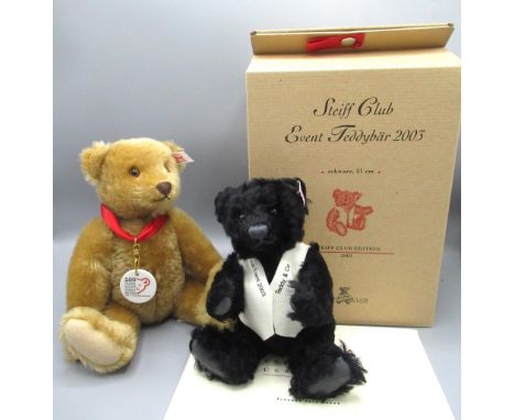 Steiff club event teddy bear 2003 in black mohair, H21cm, limited edition no.2120, boxed with certificate, and a Steiff 100 y
